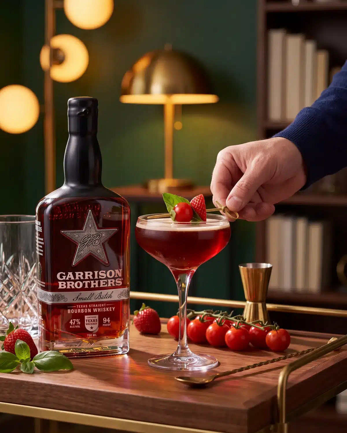 Rojo Fresco bourbon cocktail on a home bar cart with a bottle of Garrison Brothers Small Batch Bourbon