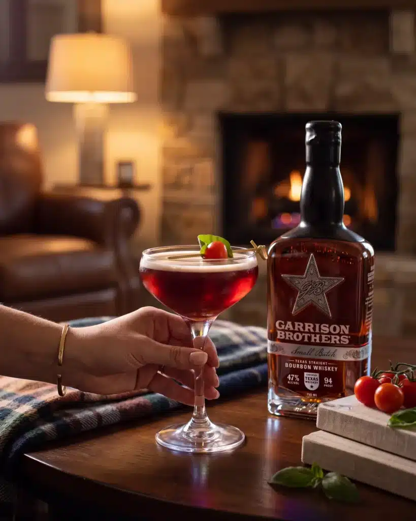 Rojo Fresco bourbon cocktail by a stone fireplace with a bottle of Garrison Brothers Small Batch Bourbon