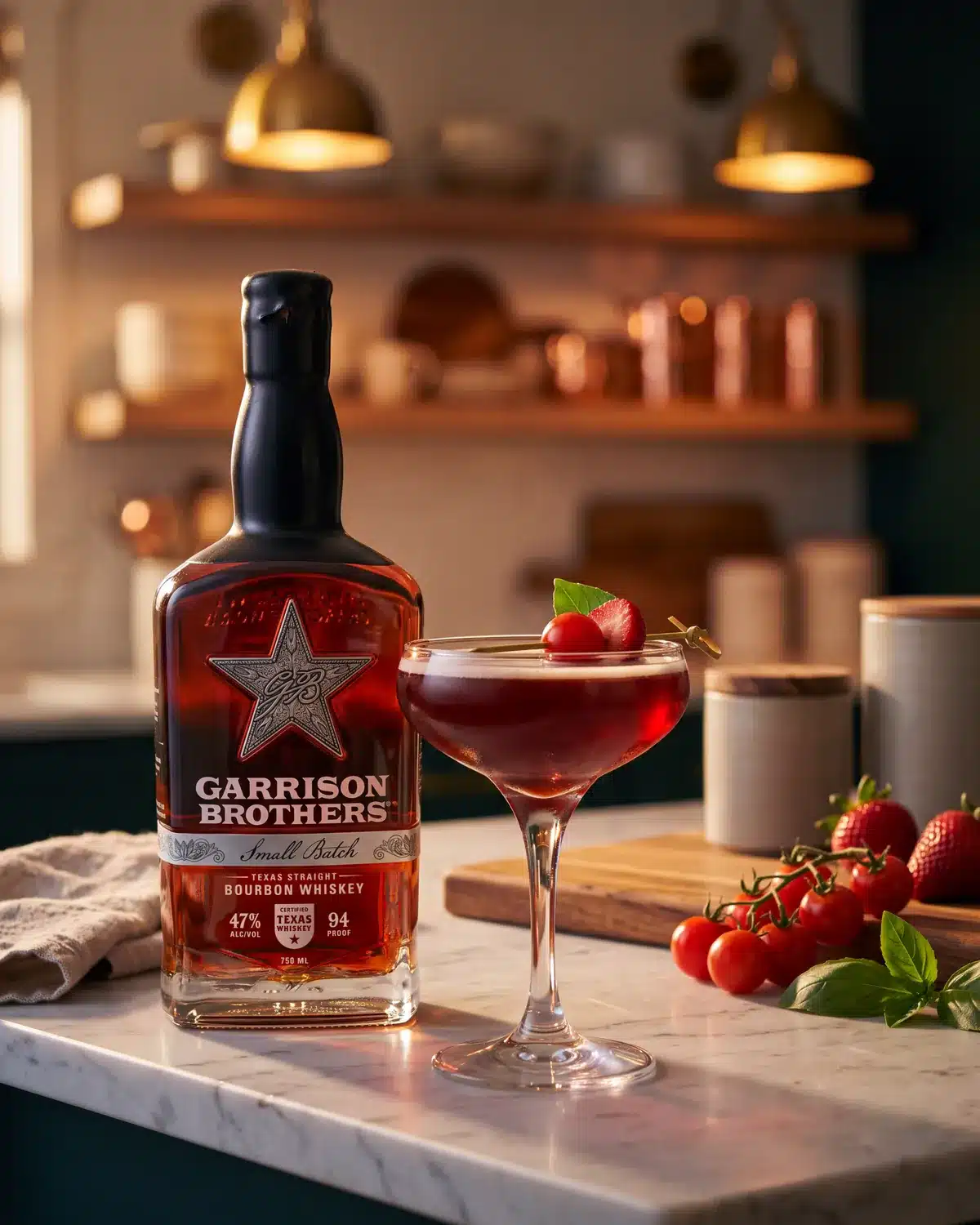 Rojo Fresco bourbon cocktail on a kitchen counter with a bottle of Garrison Brothers Small Batch Bourbon