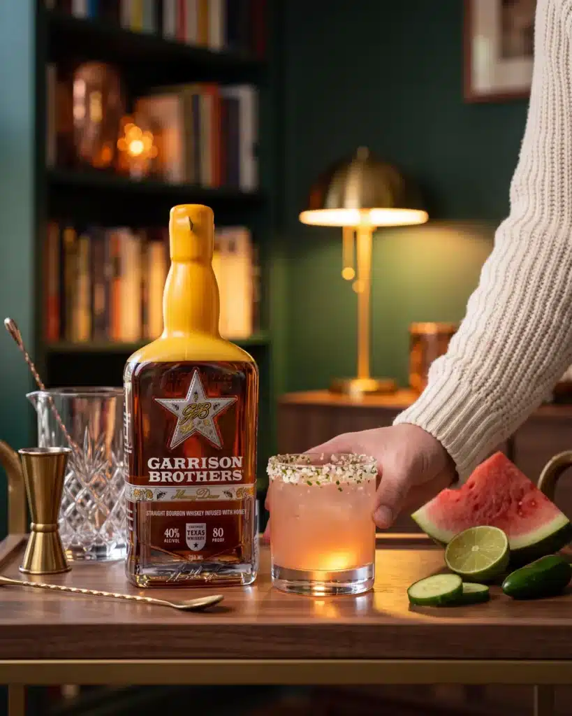 Sandía Fresca bourbon cocktail on a home bar cart with a bottle of Garrison Brothers HoneyDew Bourbon