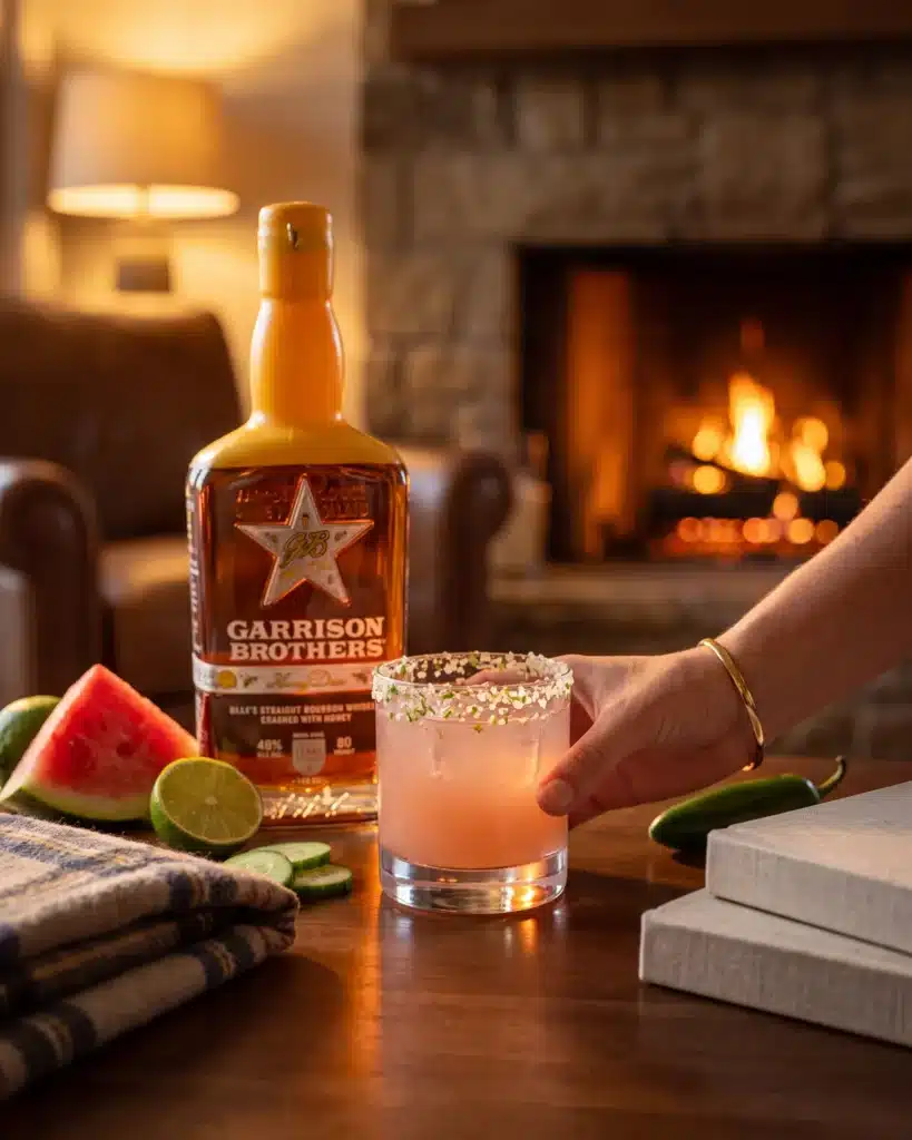 Sandía Fresca bourbon cocktail by a stone fireplace with a bottle of Garrison Brothers HoneyDew Bourbon
