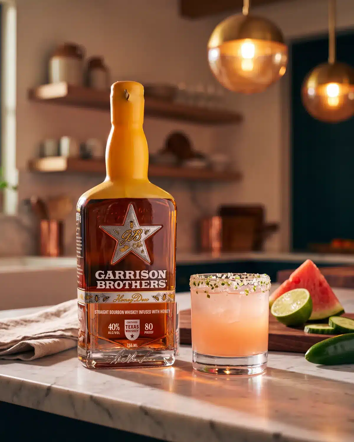 Sandía Fresca bourbon cocktail on a kitchen counter with a bottle of Garrison Brothers HoneyDew Bourbon
