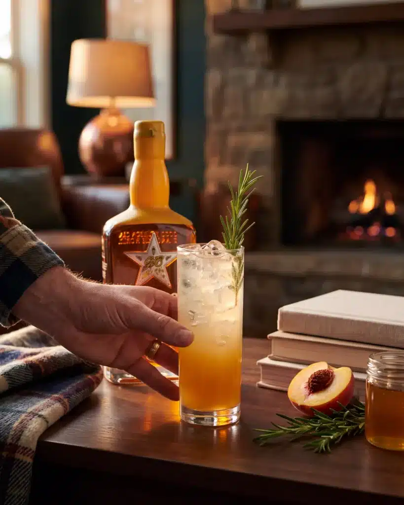 Smoking Gun bourbon cocktail by a stone fireplace with a bottle of Garrison Brothers HoneyDew Bourbon