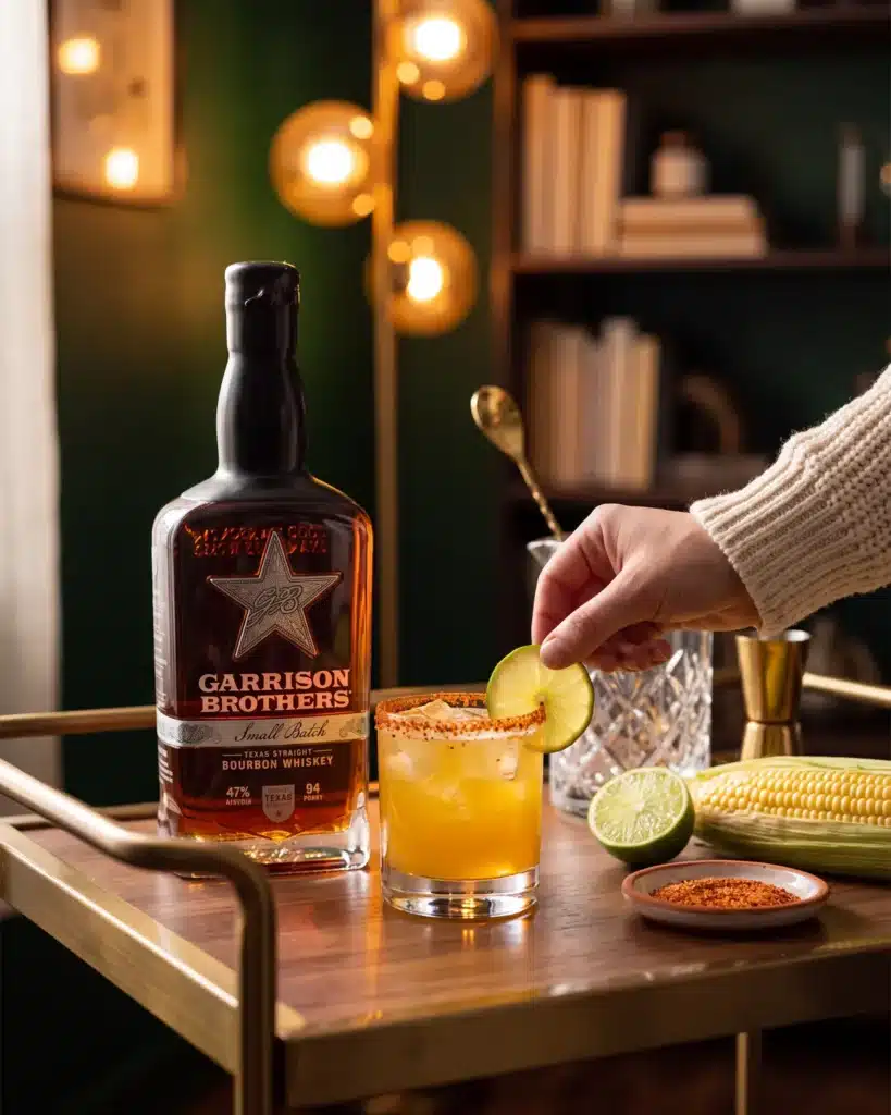 Street Corn Sour bourbon cocktail on a home bar cart with a bottle of Garrison Brothers Small Batch Bourbon