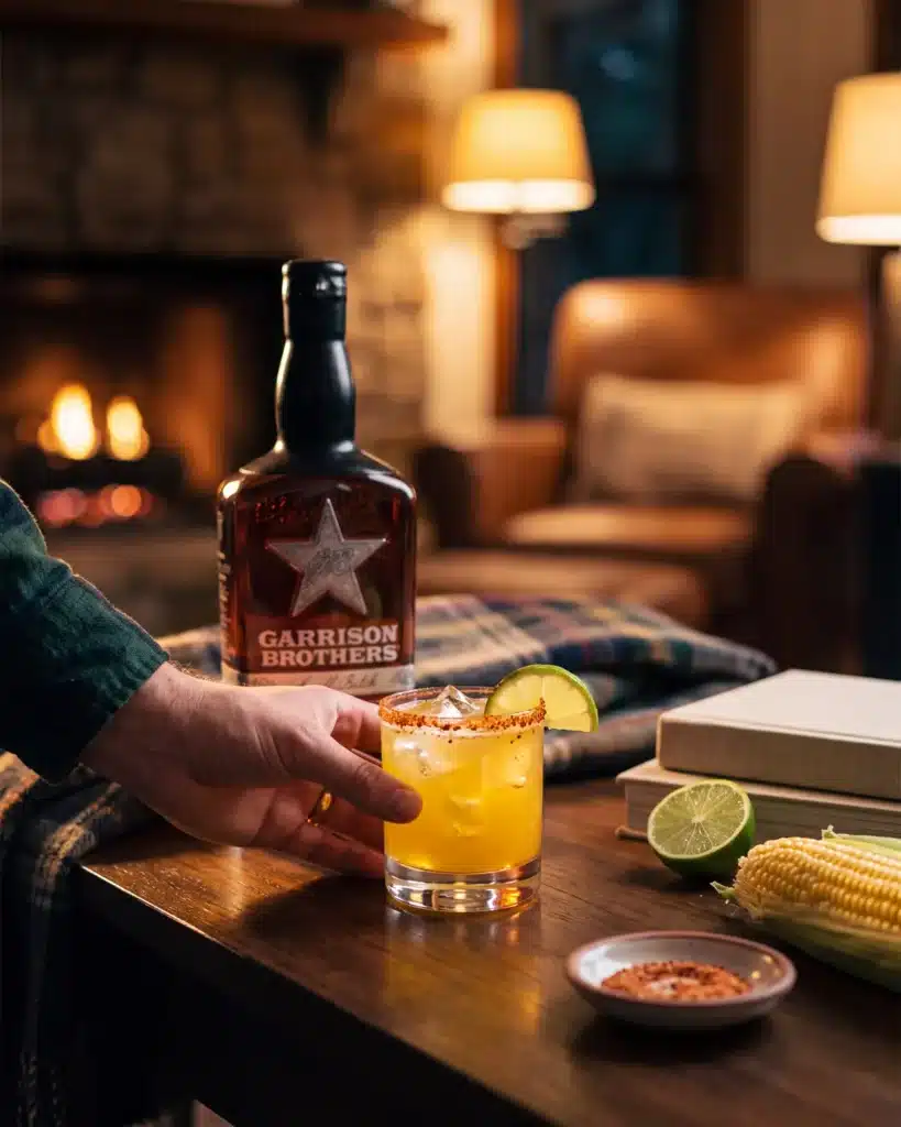 Street Corn Sour bourbon cocktail by a stone fireplace with a bottle of Garrison Brothers Small Batch Bourbon