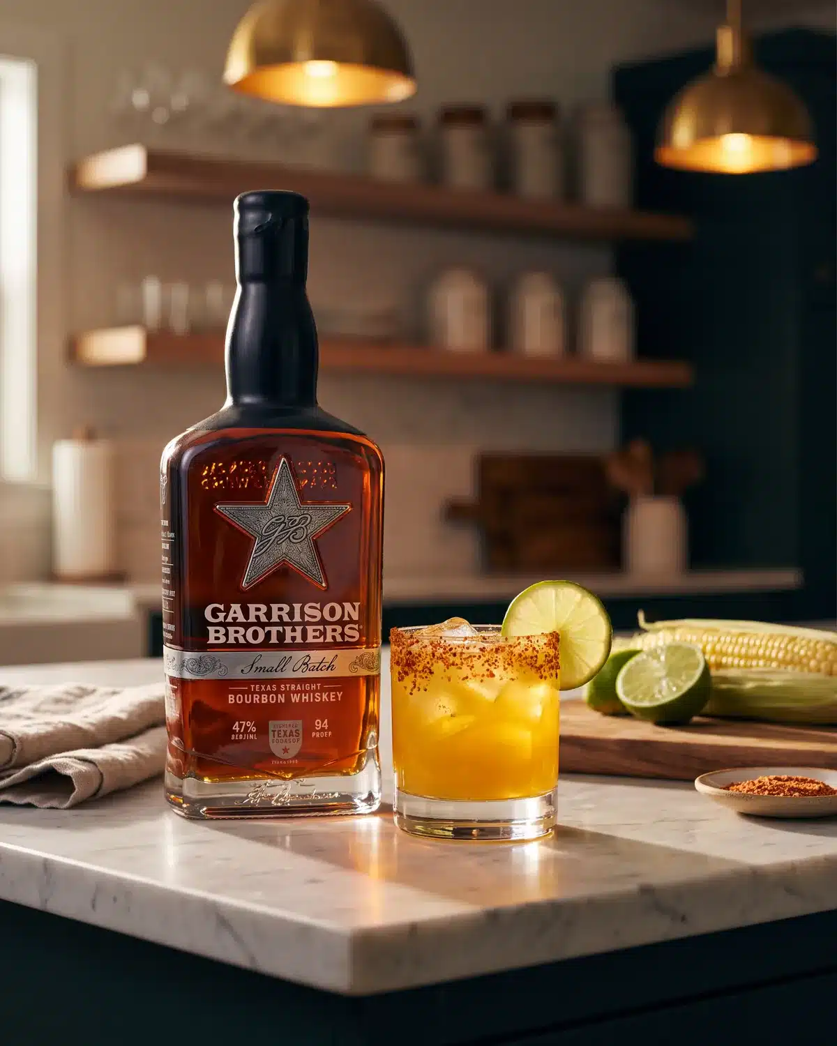 Street Corn Sour bourbon cocktail on a kitchen counter with a bottle of Garrison Brothers Small Batch Bourbon